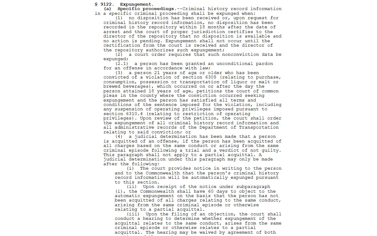 Potter County arrest records expungement statute page