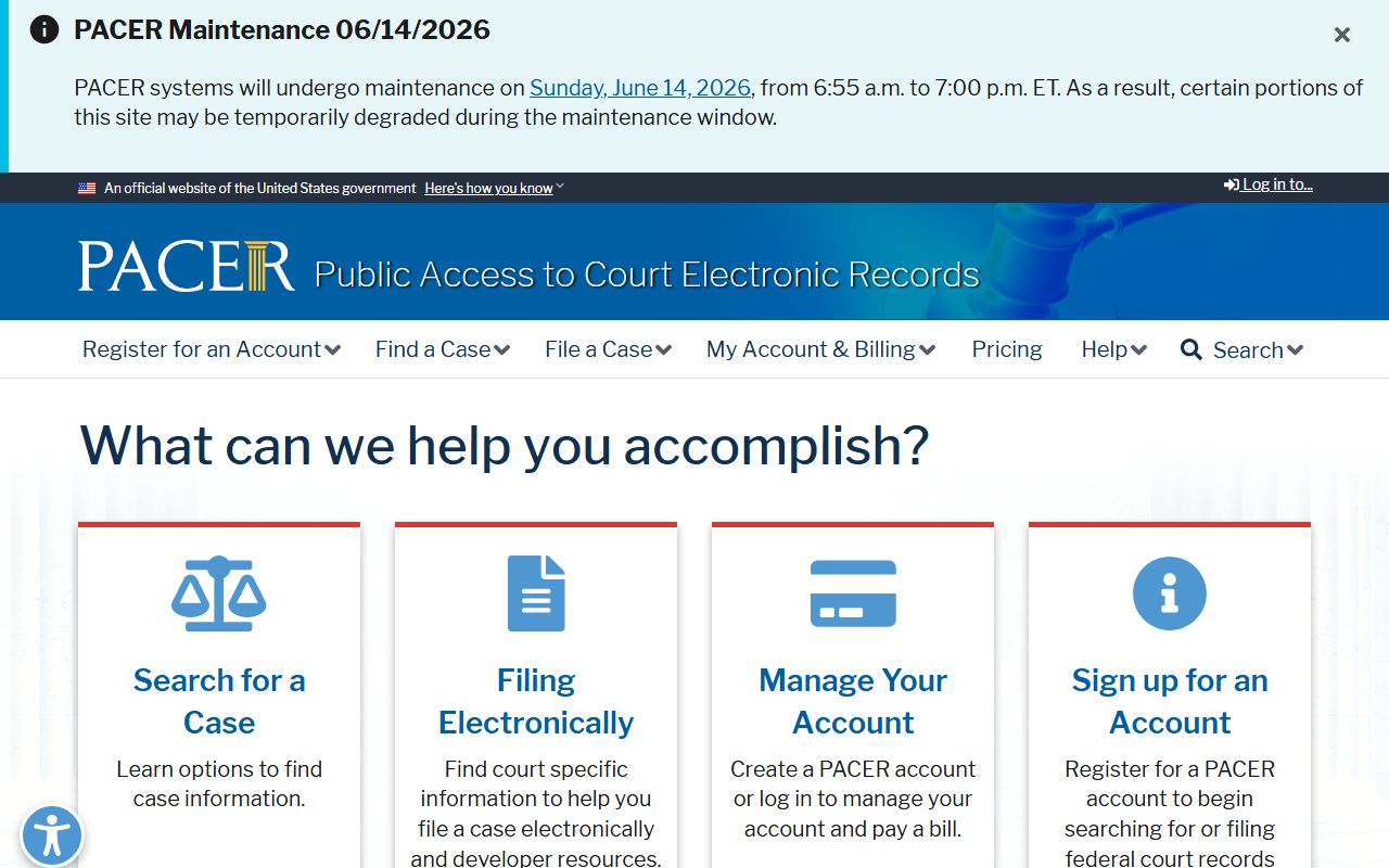 Potter County court dockets federal PACER access page