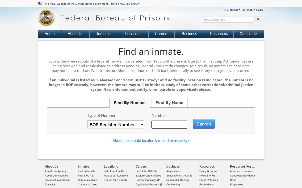 Federal Bureau of Prisons inmate locator for federal custody records